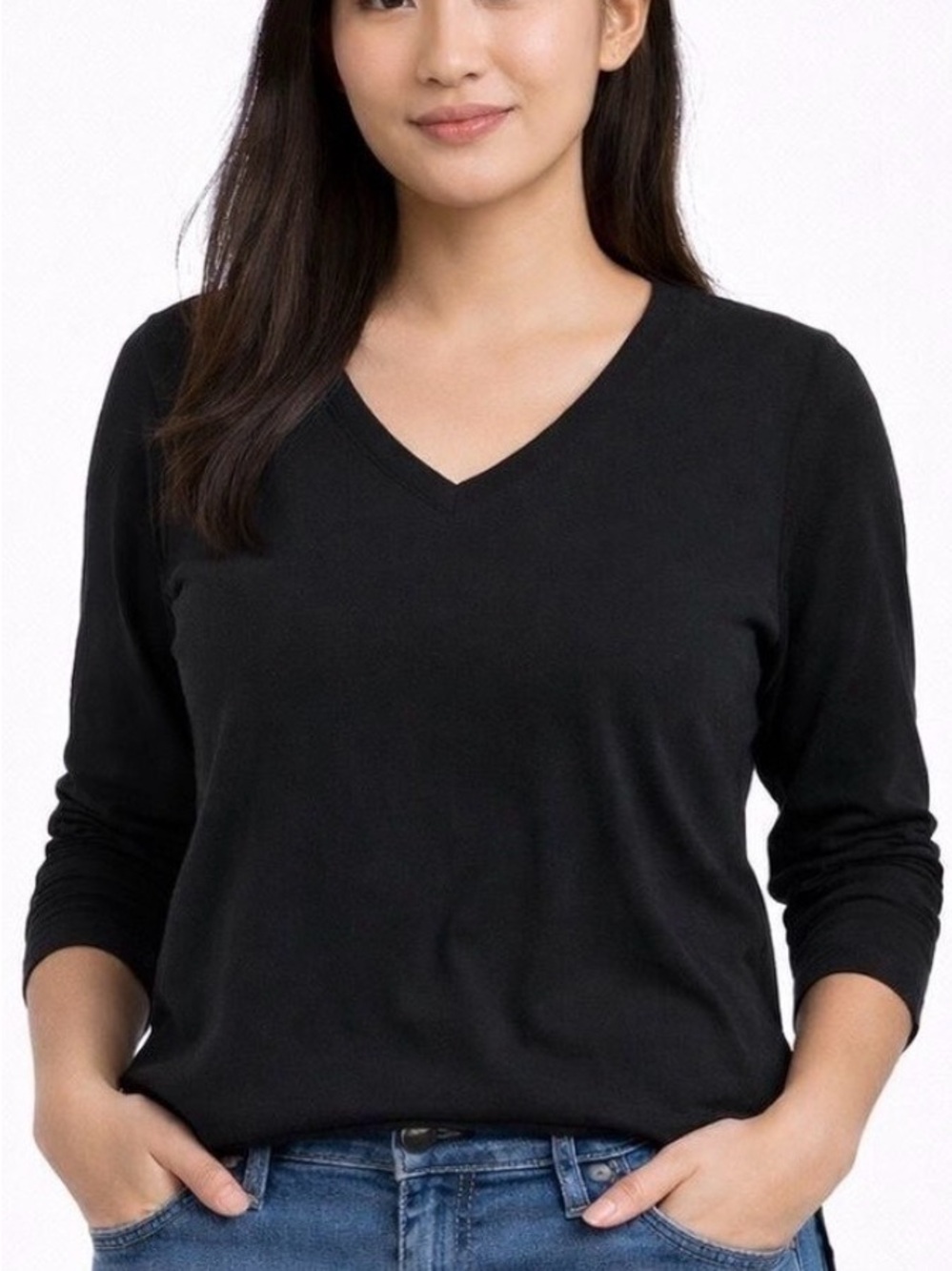 New Old Navy black tee long sleeves t-shirt v neck soft jersey basics soft New